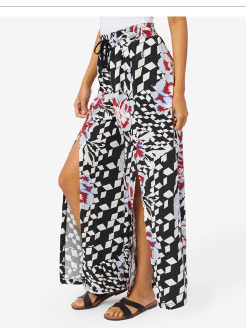 NWOT Free People Black & White Wide-Leg Split Pants with Floral Accents